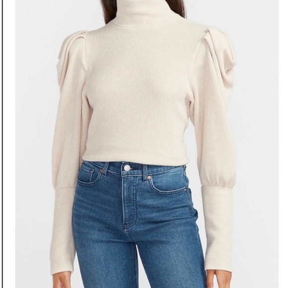 Express RIBBED PUFF SLEEVE MOCK NECK TOP IN CLOUD CREAM Size Large - Picture 1 of 13